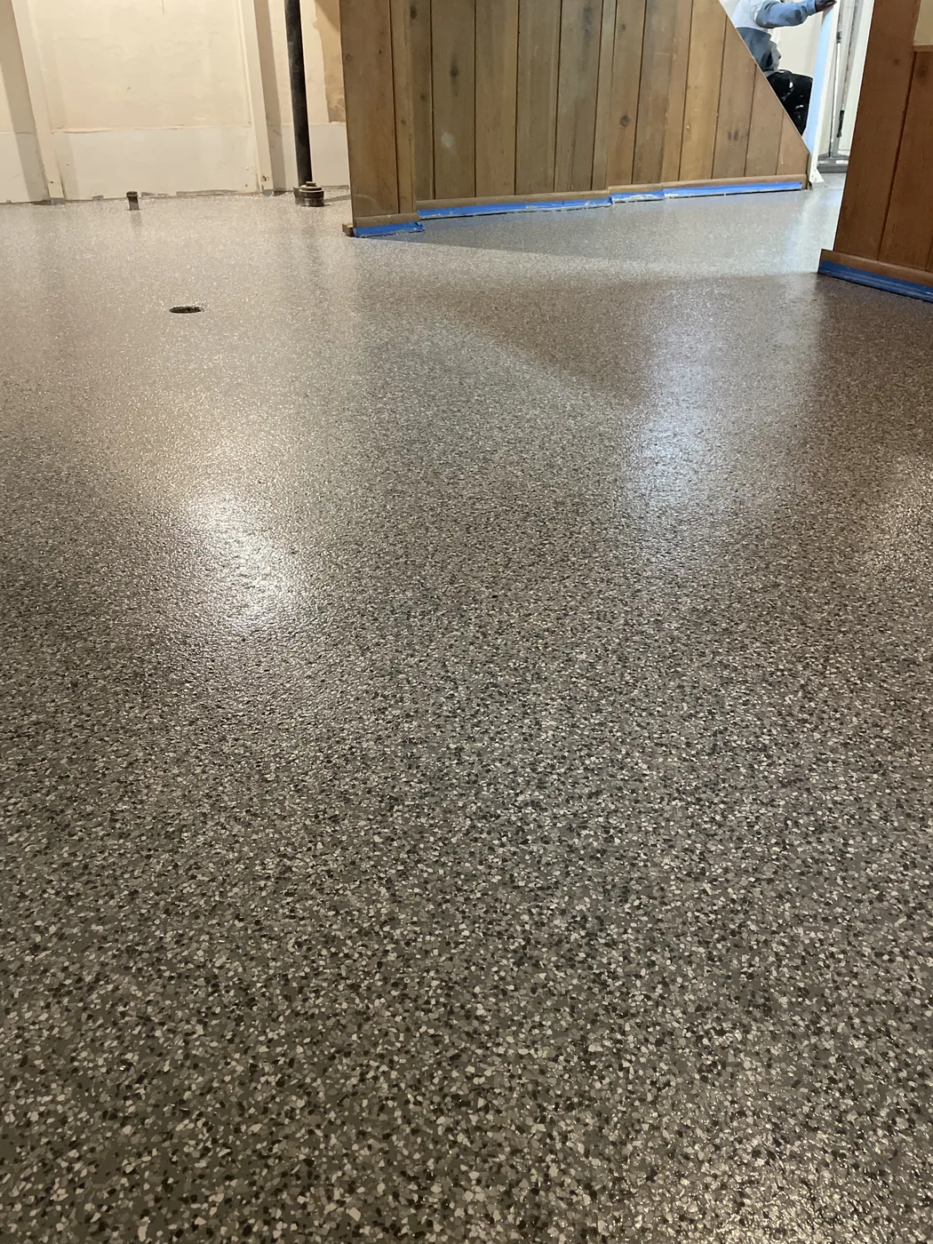 Decorative flake epoxy floor project by 1st Epoxy